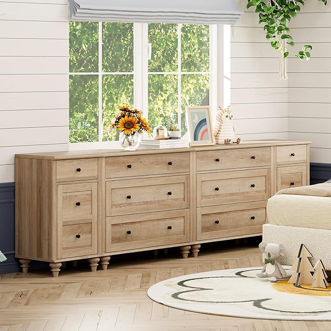 WAMPAT Farmhouse TV Stand for 100 Inch TV, 3-in-1 TV Console Table with 8 Drawers and 2 Storages, Entertainment Center for 75/80/85/90 Inch TV, Nightstands with Charging Station for Living Room, Oak