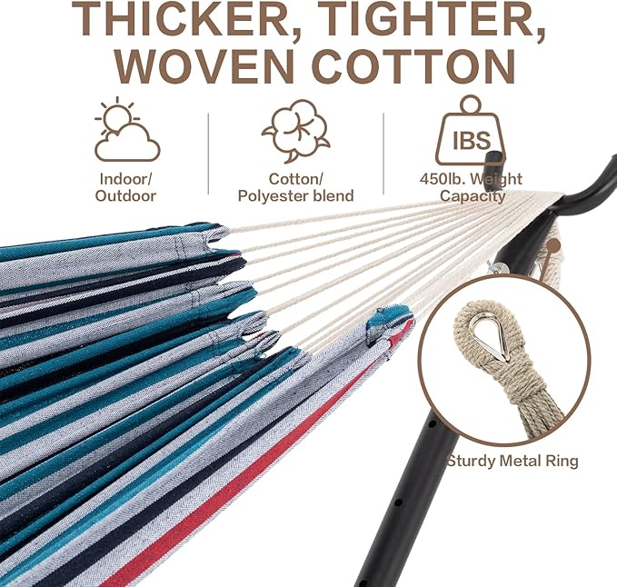 PNAEUT Double Hammocks with Stand for Outside, Portable Space Saving Heavy-Duty Steel Stand for Indoor Outdoor Patio with Carrying Bag, 450 lbs Capacity (Denim)