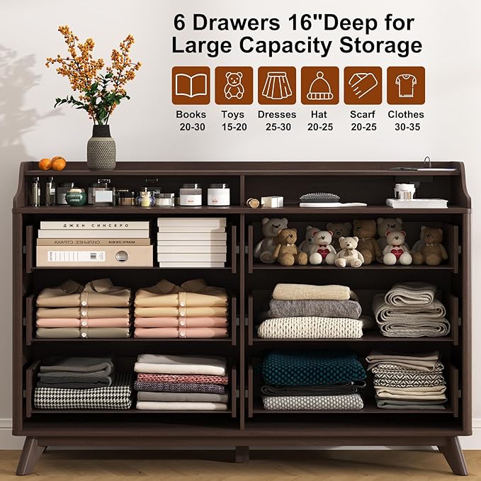 Dresser for Bedroom with 6 Drawers, 55" Large Dresser & Chest of Drawers with Charging Station, Wood Closet Clothes Storage Long Dressers Organizer for Bedroom Living Room Hallway (Brown)