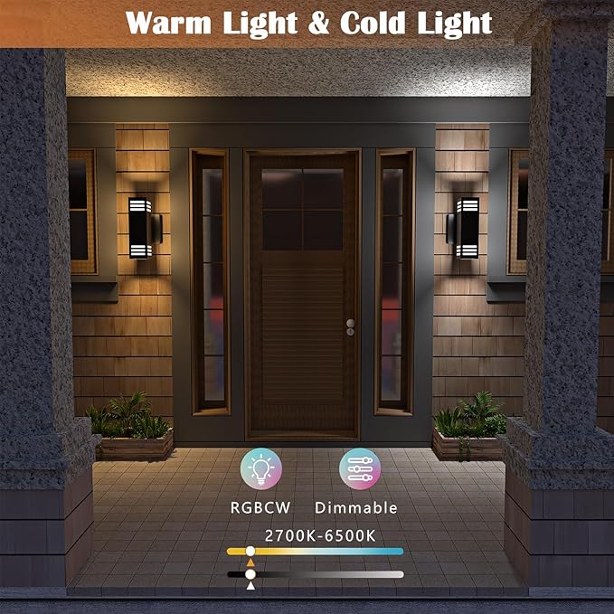 RGB Smart Wall Lights, 2 Pack Front Porch Light Fixtures, Square Color-Changing Outdoor Sconce With E26 Base, IP65 Waterproof Up and Down Lights With Sensor
