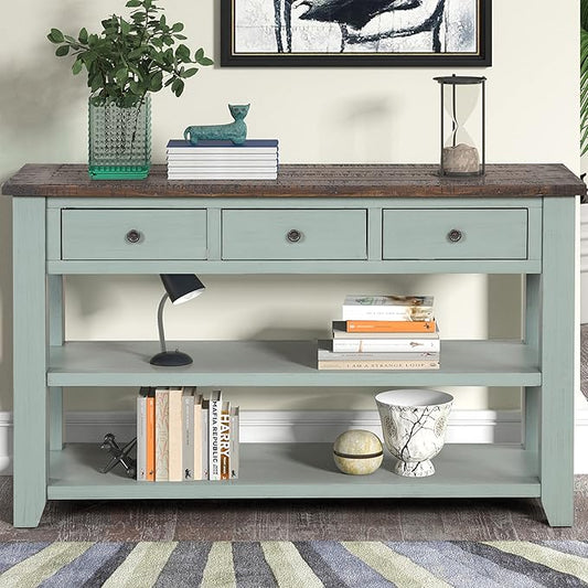 Knocbel Farmhouse Entryway Long Console Table with 3 Storage Drawers and Bottom Open Shelves, Entry Hallway Foyer Sofa Table with Handles, Retro Blue and Brown (Green and Brown)