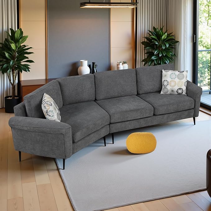 111" Sectional Couch, Upholstered Curved Sofa Couch with Two Printed Pillows, Sectional Couches for Living Room and Office, Charcoal Grey
