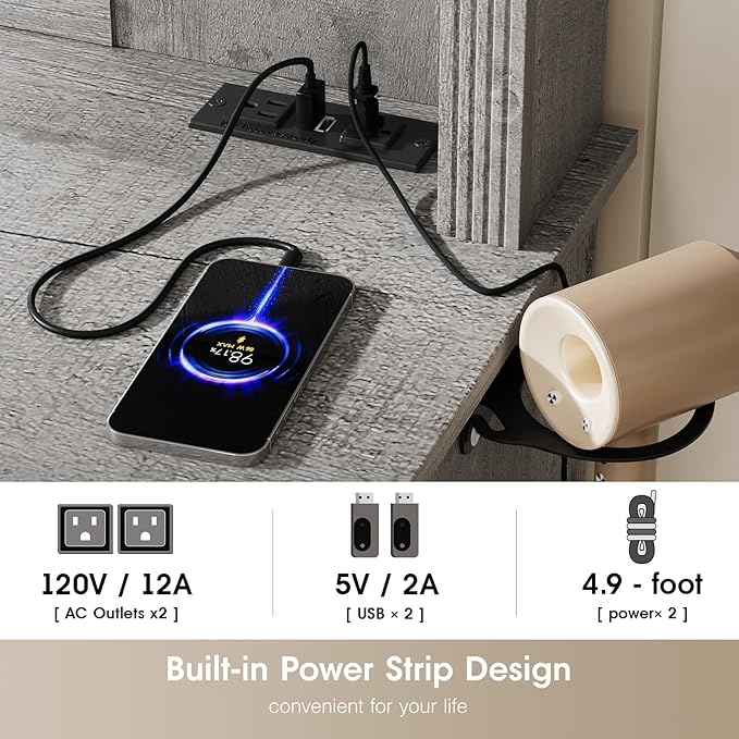 Maupvit Farmhouse Vanity Desk with Mirror and Lights, Makeup Vanity Table with Charging Station, 45" Bedroom Table with 4 Drawers and Cabinets, 3 Lighting Modes, Grey