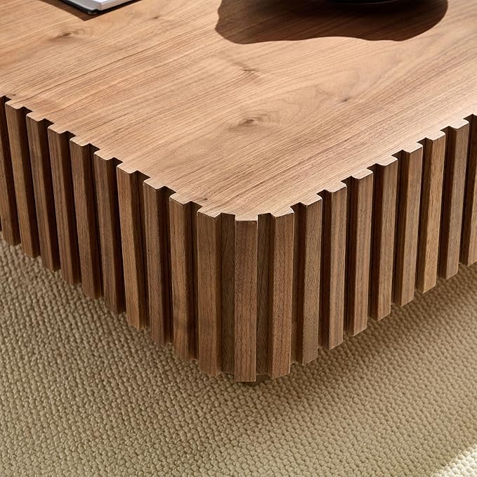 Square Coffee Table for Living Room, Accent Fluted Coffee Table with Storage, Modern Solid Wood Veneered Large Center Tea Table for Small Space Apartment (35.4''D×16''H-Walnut)