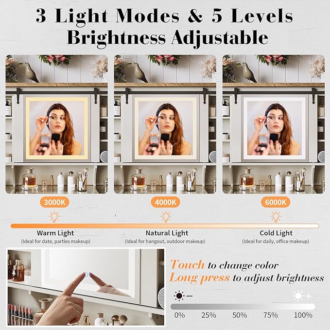 Farmhouse Makeup Vanity Desk with Sliding Mirror and Lights, 47'' Glass Tabletop Vanity Table with Charging Station, Large Vanity Set with Drawers, Stool, Barn Door Dressing Cabinets, White