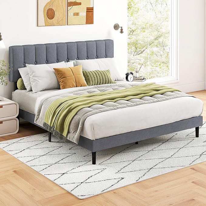 Sweetcrispy Queen Size Bed Frame - Fabric Upholstered Platform Bed with Headboard, 800LBS Sturdy Wooden Slats Support, No Box Spring Needed, Noise Free, Easy Assembly, Grey