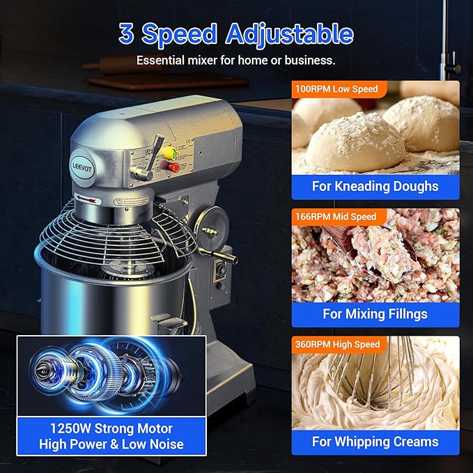 30Qt Commercial Food Mixer with Timing Function,1250W Commercial mixer 3-Speed Adjustable Heavy Duty, Electric Stand Food Mixer with Stainless Steel Bowl for Bakery Pizzeria. (Standard)