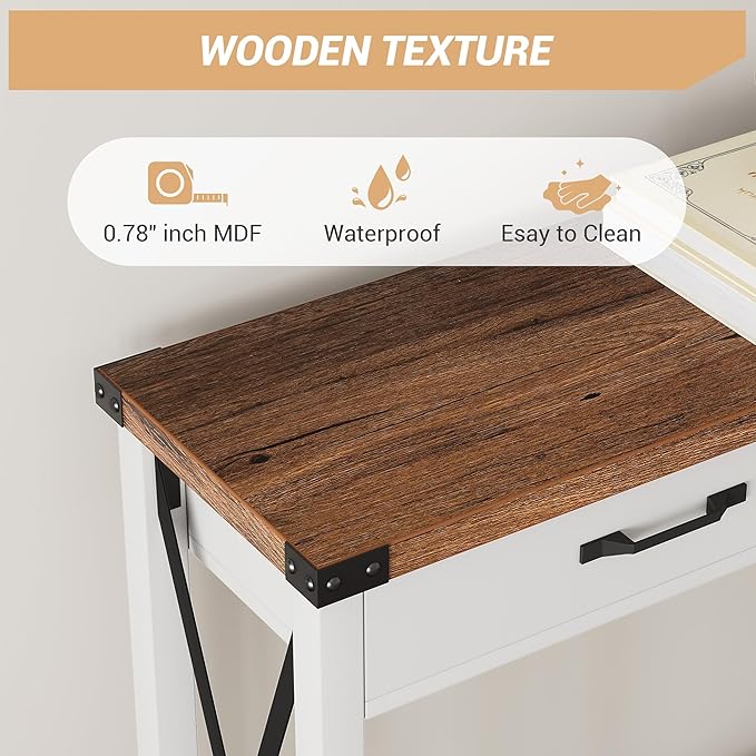 Klaesio 31-inch Side Table Suitable for Entrances, Hallways, and Living Rooms Two-Tier Narrow Sofa Side Table Industrial-Style Entrance Table with Drawers and Open Storage Shelves - White + Brown