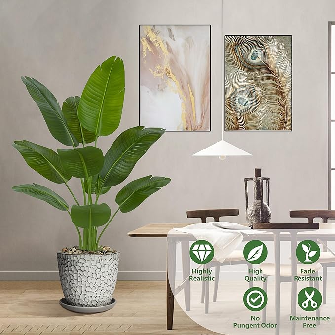 Pack 2 Artificial Bird of Paradise Plant 5FT Fake Palm Tree Feaux Plants in White Pot Artificial Tree Fake Plant for Indoor Outdoor Modern Decoration for Home Living Room Office