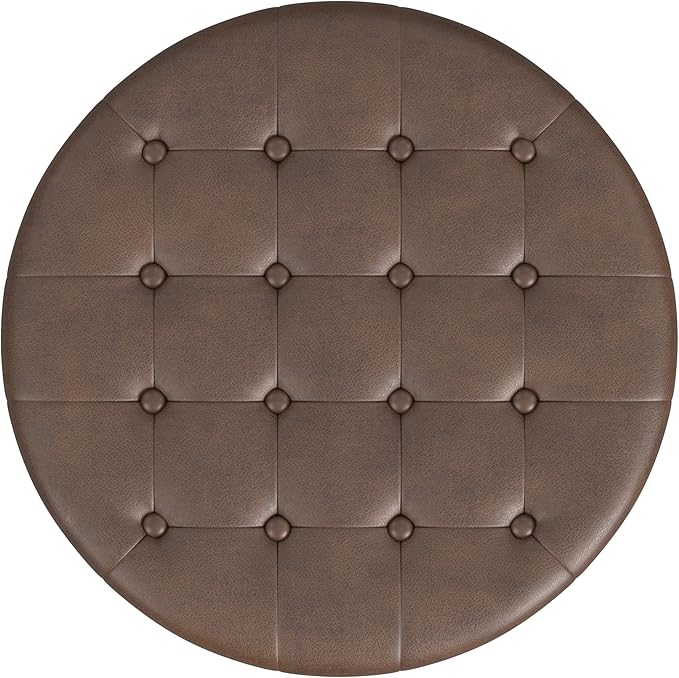 HomePop Home Decor | Button Round Storage Ottoman | Ottoman with Storage for Living Room & Bedroom, Brown Faux Leather