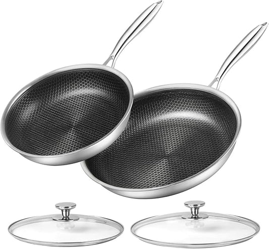 Stainless Steel Frying Pan Set with Lid 10" and 12" Nonstick Honeycomb Coatings Skillet Set 2pcs W/Stay Cool Handle,Works Pan for Cooking with Induction Gas Stovetops