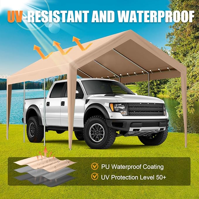 12'x20' Canopy Replacement Cover,Beefull Carport Replacement Canopy for Car Garage, Waterproof & UV Protected Tarp with Ball Bungees, Beige(Frame is not Included)