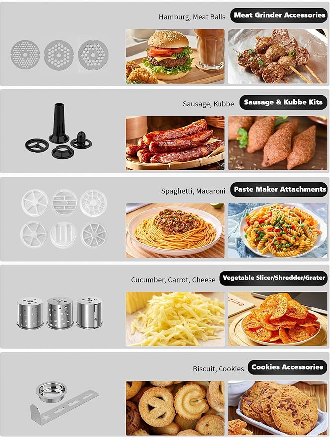 Vospeed 9 IN 1 Stand Mixer, 850W Tilt-Head Multifunctional Electric Mixer with 8 QT Stainless Steel Bowl, 1.5L Glass Jar, Meat Grinder, Hook, Whisk, Beater Dishwasher Safe (Black)