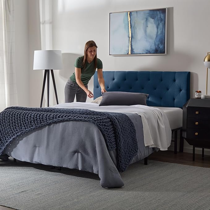 Lucid Mid-Rise Upholstered Headboard - Diamond Tufted - Padded Polyester - Adjustable Height from 34” to 46” - Easy Assembly - Bed Frame or Wall Mount - Sturdy - Cobalt - Queen Size