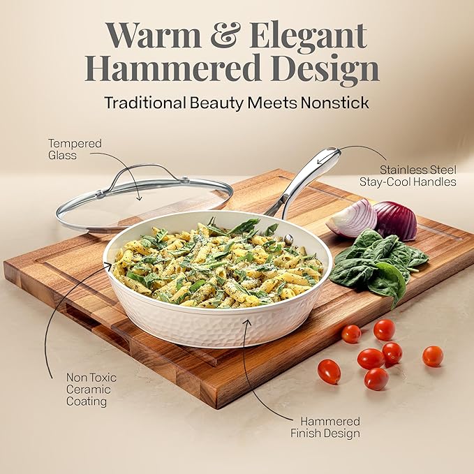 Gotham Steel Hammered 15 Pc Ceramic Cookware Set Nonstick, Deep Pots and Pans Set Non Stick with Induction Cookware, Cooking Utensils & Steamer, Non Toxic PFOA PFOS Free, Oven & Dishwasher Safe