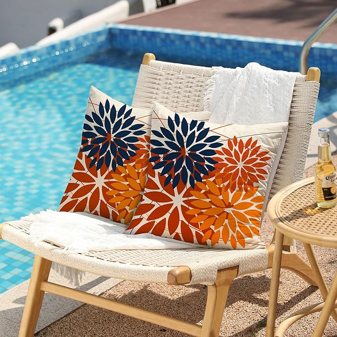DFXSZ Outdoor Pillow Covers 16x16 Inch Set of 2 Blue Orange Flower Decorative Waterproof Summer Outdoor Fall Pillow Covers for Patio Funiture Garden Couch 168N16