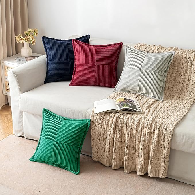 MIULEE Christmas Decorative Throw Pillow Covers for Couch Bed Livingroom 18x18 Inch Set of 2 Emerald Green Boho Accent Throw Pllows Broadside Striped Patchwork Soft Corduroy Pillowcases