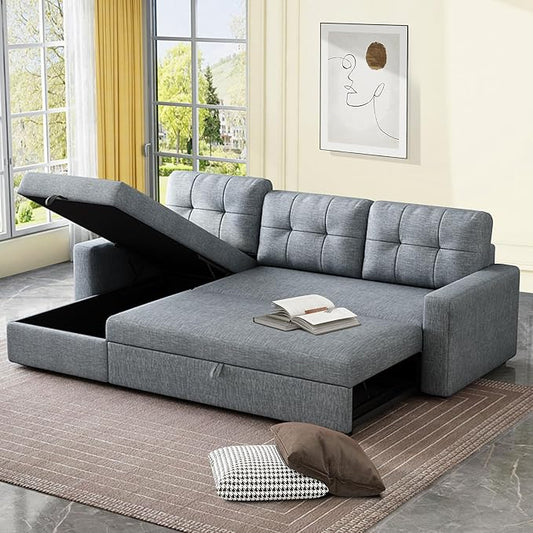 Upholstered Sleeper Sofa, L Shaped Sectional Couch with Reversible Storage, Convertible Corner Lounge Couches w/Pull Out Sofabed for Living Room, Apartment,Light Grey