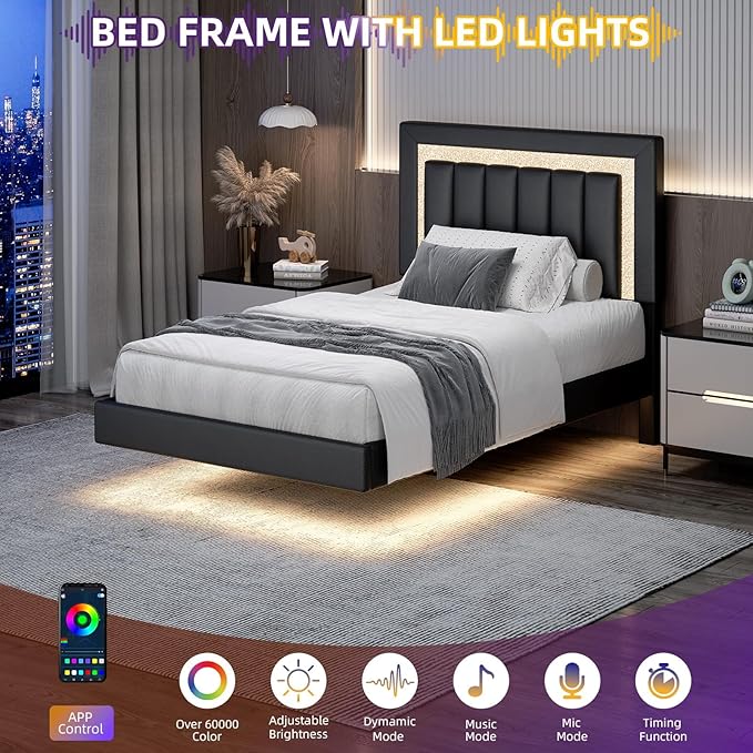 HOMBCK Floating Bed Frame Twin with Smart LED Lights, Faux Leather Upholstered Platform Bed with Diamond Headboard, No Box Spring Needed, Noise Free, Easy Assembly, Black