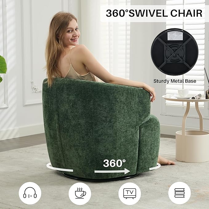 Swivel Accent Chair, Chenille Barrel Chair for Living Room, Cozy Round Boucle Arm Chair, Metal Base for Club Nursery Bedroom, Green