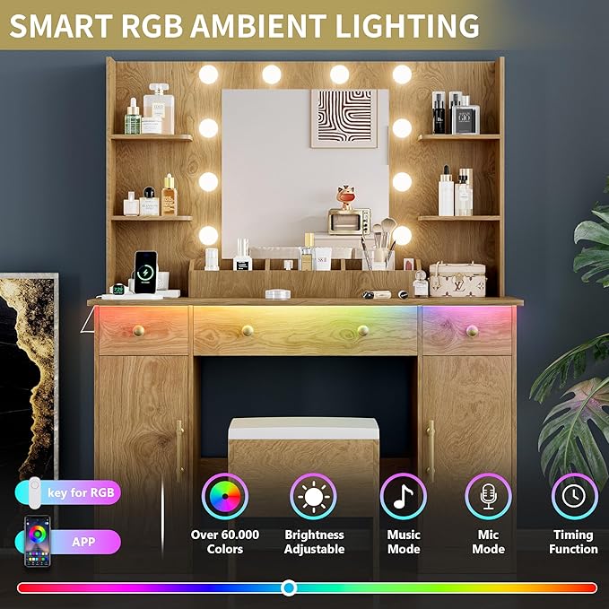 Vanity Desk with Mirror and Lights, 43'' Oak Makeup Dressing Table Set with 5 Drawers & Chair, Power Outlet, 3 Lighting Modes Adjustable Brightness & RGB LED for Women Girls Bedroom Bathroom