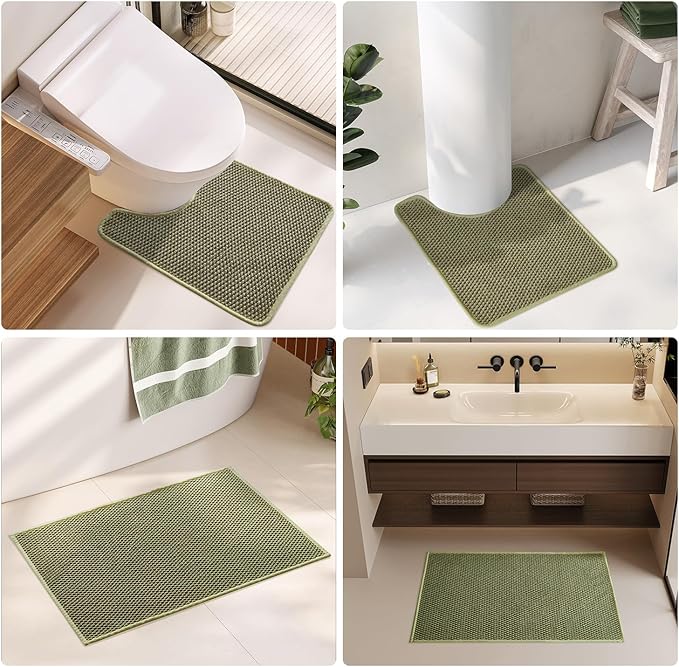 Non-Slip Washable Bathroom Rug - Super Absorbent Chenille Bath Mat, Quick Dry, Low Pile, Thin for Bathroom - Sage 20"x24" U Shape