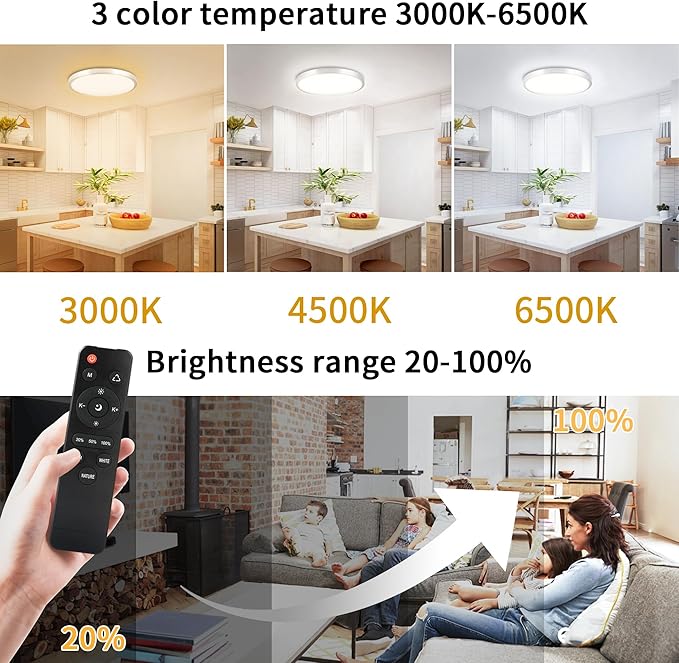 LED Flush Mount 13 Inch Ceiling Lights Fixture with Remote Control,Ceiling Lights Round,Dimmable 24W 2500LM 3000K-6500K Light Color Adjustable, Modern Ceiling Lamp for Kitchen Bedroom