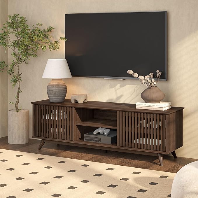Plank+Beam Mid-Century Modern Wood TV Stand, Solid Wood Entertainment Console with Storage, 59" L x 16" W x 19" H, Walnut