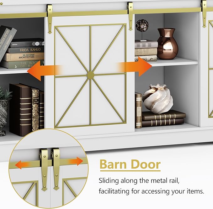 Farmhouse TV Stand for 65/60/55 Inch Tvs, Rustic Entertainment Center with Storage Cabinets & Sliding Barn Doors, Modern Media Console Table, Wood Television Furniture for Living Room, Bedroom, White