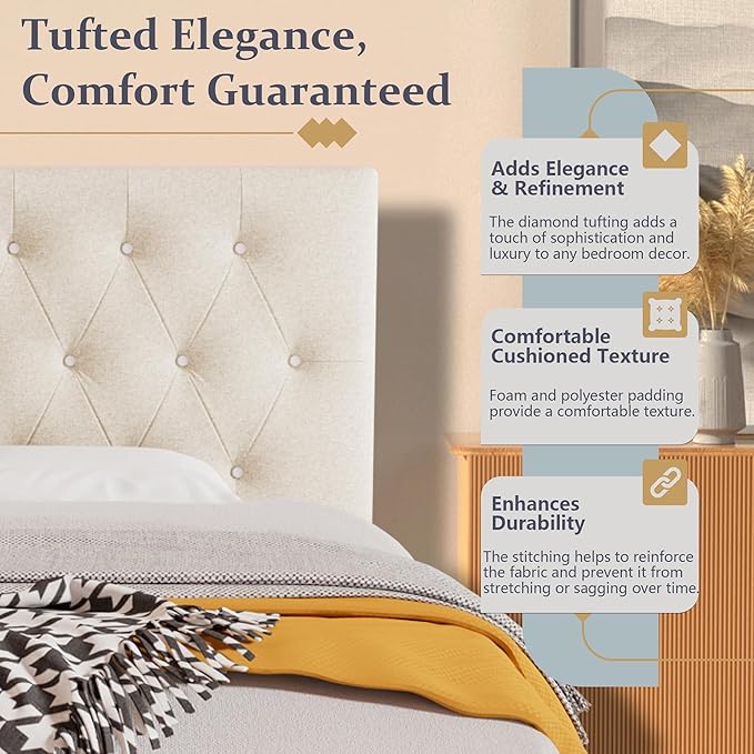 Rosevera Givanna Adjustable Height Headboard with Linen Upholstery and Button Tufting for Bedroom, Queen, Natural Linen