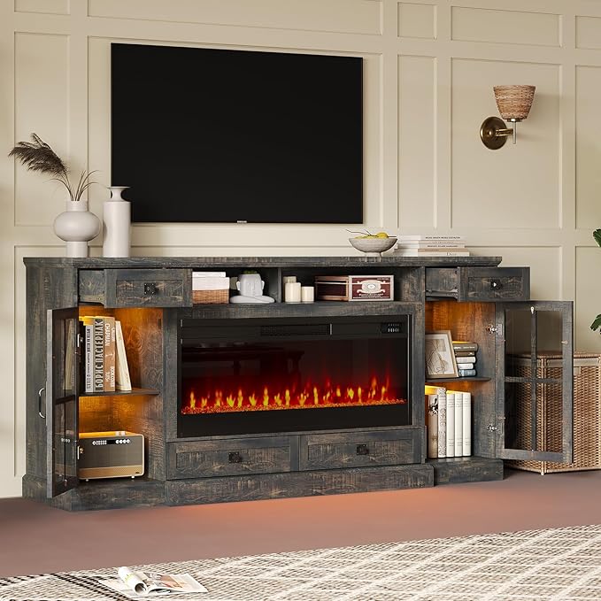 AMERLIFE 70“ Fireplace TV Stand for 80 Inch TV, Farmhouse TV Stand with 42" Fireplace & LED Lights, Entertainment Center with Storage Drawers & Cabinets, Dark Rustic Oak
