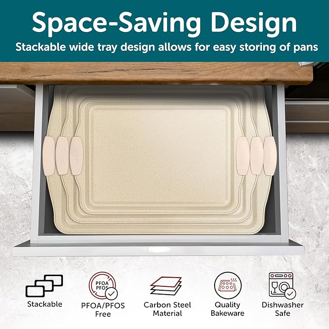 BAKKEN Kitchen Baking Pans - 15.15 x 10.03" Medium Nonstick Sheet, Durable Carbon Steel Cookie Sheet with White Silicone Handles, PFOA, PFOS, PTFE Free, Oven Safe Tray (Up To 450°F), Set of 1