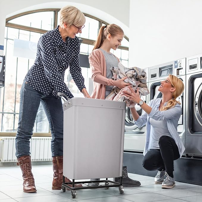Lifewit 165L Laundry Basket with Wheels, Large Heavy Duty Commercial Rolling Laundry Hamper with Handles, Tall Steel Frame Laundry Cart for Laundry Room Bedroom Hotel Home Dorm, Sliver Gray