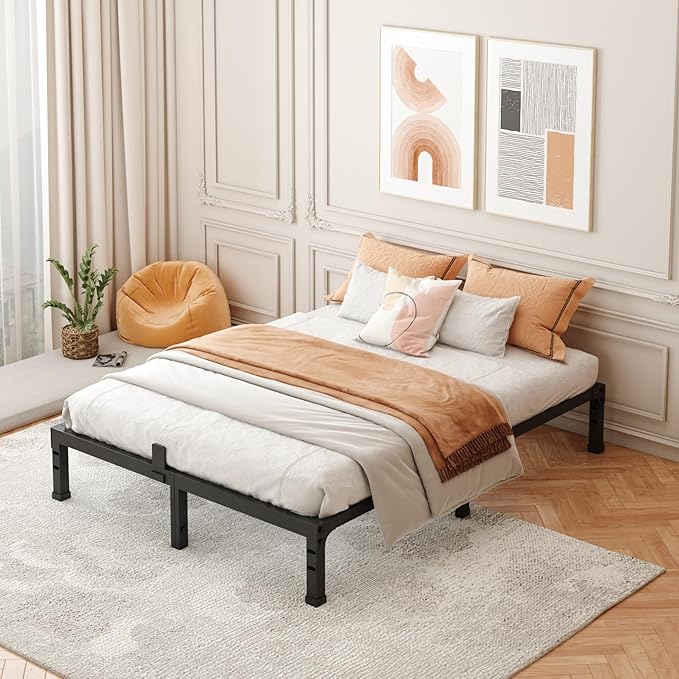 FUIOBYVV Full Size Bed Frame,10 Inch Low-Profile Metal Platform with Steel Slats 3500lbs Support,No Box Spring Needed,Non-Slip Mattress Stopper,Underbed Space,Quiet and Sturdy,Easy Assembly