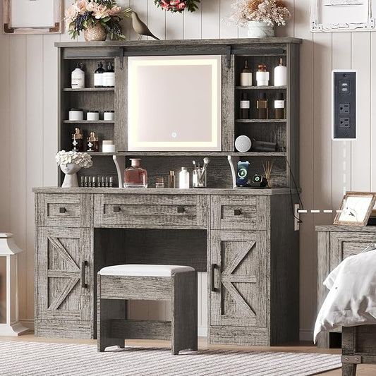 Farmhouse Makeup Vanity Desk with Sliding Mirror and Lights, 47'' Glass Tabletop Vanity Table with Charging Station, Large Vanity Set with Drawers, Stool, Barn Door Dressing Cabinets, Gray