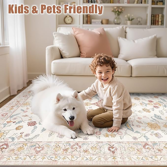 Nursery Rug 8x10 for Kids & Girls - Washable Vintage Large Floral Pink Area Rugs - Ultra Thin Stain Resistant Non Slip Carpets for Kids Playroom, Living Room, Bedroom, Dining Room, Office - Pink