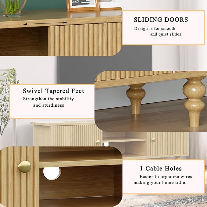 Modern Wood TV Stand for 55 Inch TV, Retro Media Console with Storage Cabinets & Shelves, Solid Wood Entertainment Center with Fluted Doors, Mid Century Style TV Cabinet, Nature