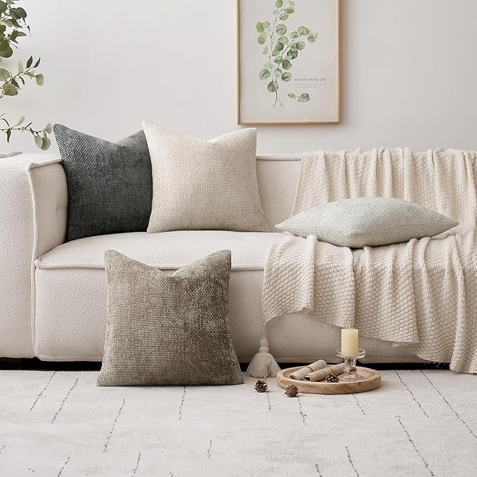 MIULEE Pack of 4 Couch Throw Pillow Covers 22x22 Inch Neutral Soft Decorative Chenille Pillow Covers Farmhouse Boho Accent Cushion Covers for Mid Century Modern Home Decor Sofa Bedroom Living Room