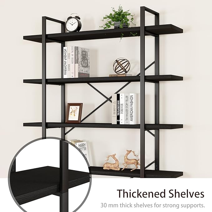 HSH 6 Tier Tall Black Bookshelf, Modern Large Storage Book Shelves & Display Book Shelf,Industrial Open Vertical Metal and Wood Black Bookcases 6 Shelf for Bedroom Living Room Office, Black Oak
