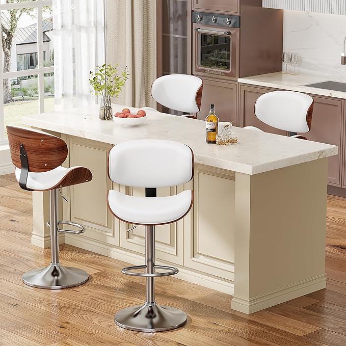 Bar Stools Set of 3, Bentwood Adjustable Height Swivel Bar Stools, PU Leather Upholstered Bar Chair with Back and Footrest for Bar, Kitchen, Dining Room, White