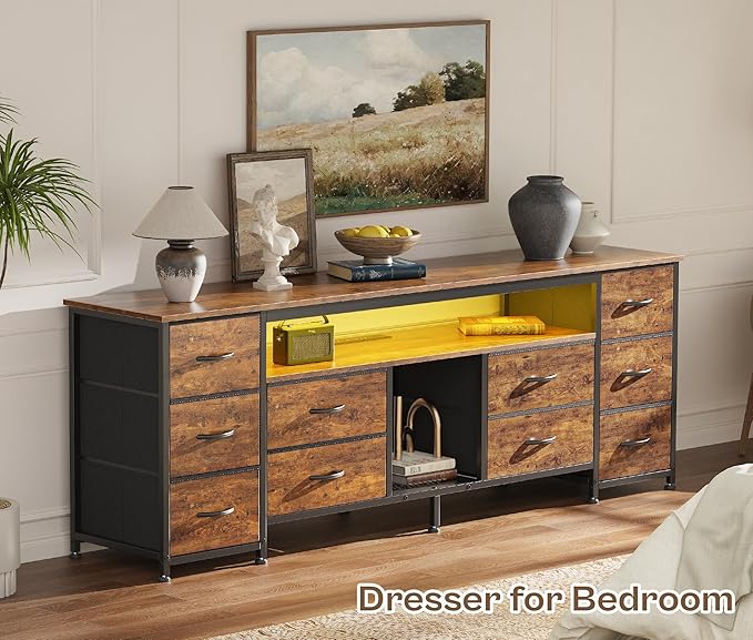 Huuger 63 Inch LED TV Stand Dresser with Power Outlets, USB-C Port and LED Lights, 10 Fabric Drawer Dresser for Bedroom, Long Entertainment Center for 65, 70 Inch TV, Open Shelves, Rustic Brown