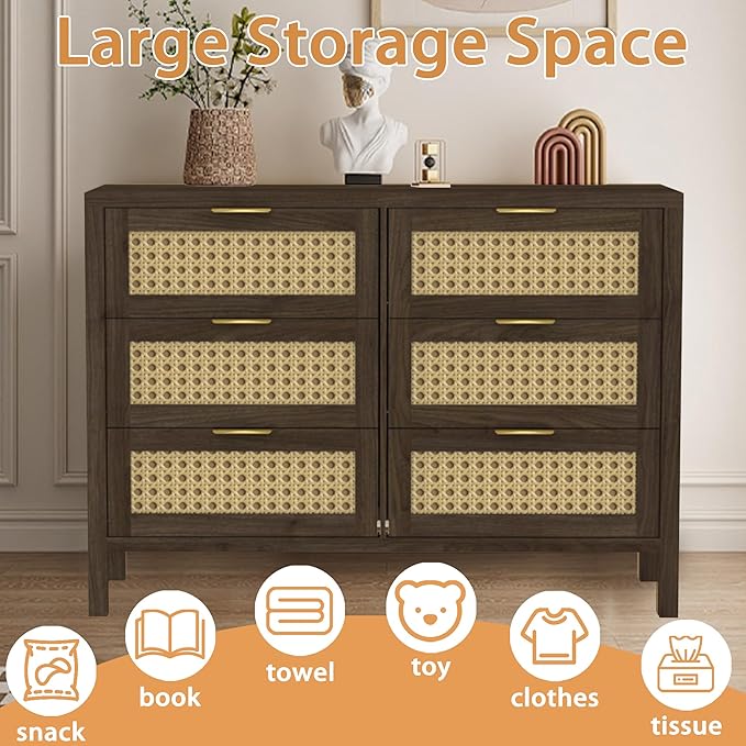 Boho 6 Drawer Dresser & 2 Nightstand Set for Bedroom, Wood Dresser with Gold Handle for Bed Room, Hallway, Brown Oak