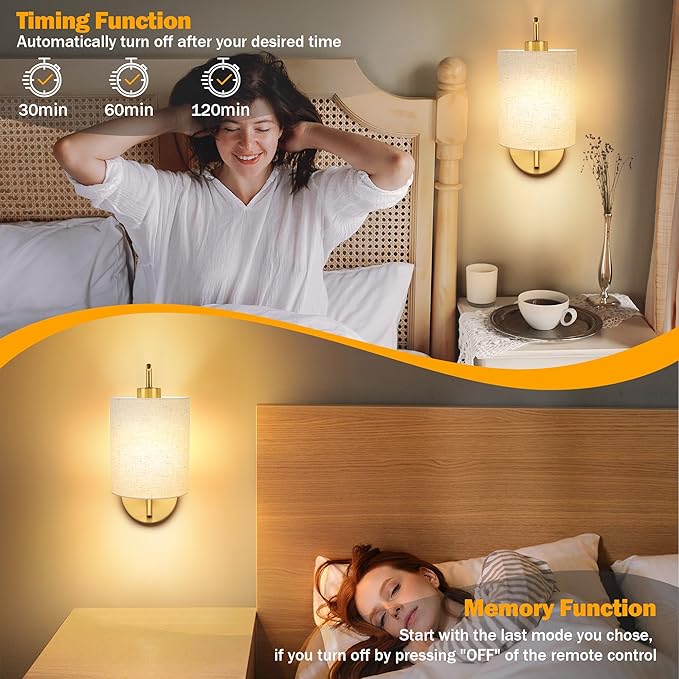 Battery Operated Wall Sconce Set of 2, Gold Rechargeable Dimmable Wall Light Fixture Remote, 12 RGB Colors & Timer, Wireless Lamp Linen Shade