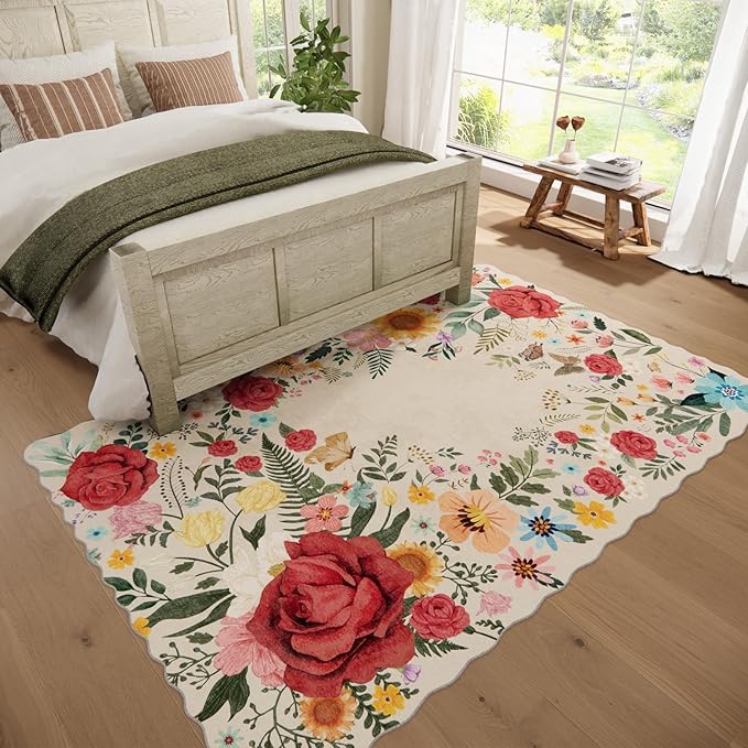 Floral Washable 6'x9' Area Rugs for Bedroom, Soft Lightweight Rug for Living Room Non Slip Dining Room Beige Rug, Stain Resistant Boho Vintahe Easy Clean Throw Carpet for Office