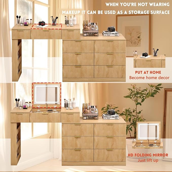Fluted Vanity Desk with Flip Top Mirror and Lights, Wooden Makeup Vanity Desk with Glass Top & USB Ports, Modern Extendable Dressing Table with 9 Drawers Dresser and Cabinet, Dresser for Bedroom (Oak)