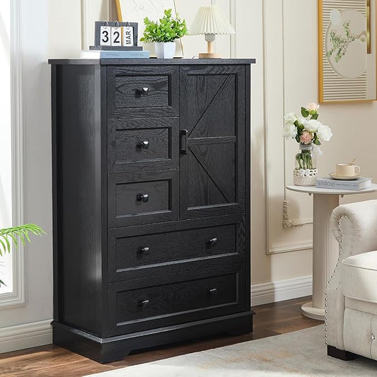 SOOWERY Dresser for Bedroom, Farmhouse Dresser with 5 Wooden Drawers and Storage Cabinet, 48 Inches Tall Chest of Drawers for Bedroom, Living Room, Hallway, Black
