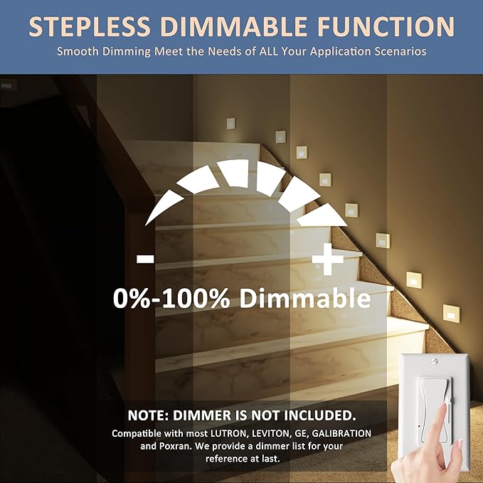 12 Pack Motion Sensor LED Step Lights, 3CCT Adjustable 3000K/4000K/6000K Stair Lights, 4W 300LM Dimmable Staircase Lighting, IP65 Waterproof for Indoor Outdoor, 120V Hardwired, ETL, White
