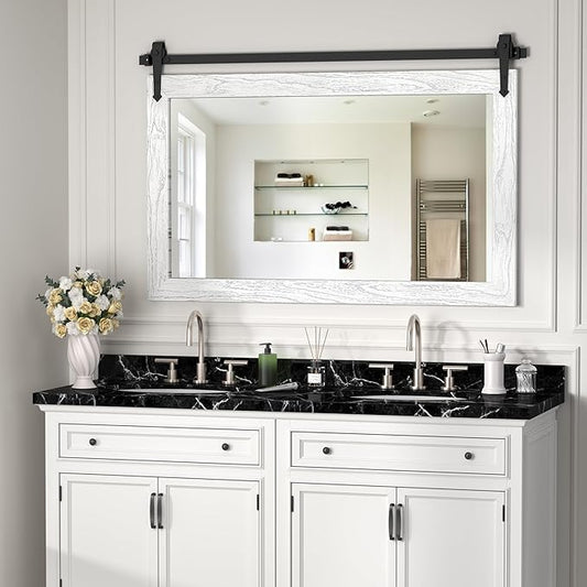 Farmhouse Mirror 42”x28” White Rustic Mirror for Wall Vanity Mirrors Barn Door Style Decor Bathroom Living Room Entryway Bedroom Mirrors