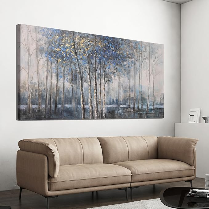 Canvas Wall Art Decor Pictures Wall Decor Prints Modern Large Wall Art Gold Wall Art Blue Grey Misty Botanical Textured Artwork for Walls For Room Living Room Bedroom Office Wall Decor 24"X48"