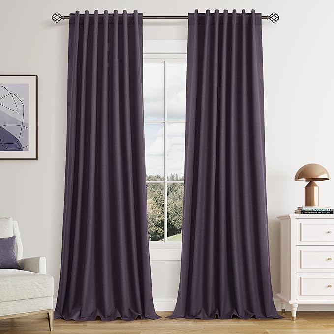Guken Blackout Curtains 100 Inch Length 2 Panels Set for Living Room Bedroom Back Tab Thermal Insulated 100% Black Out Linen Drapes Room Darkening Window Curtains 100 Inches Long,Plum